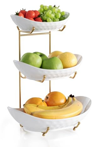 Acliys Fruit Bowl, 3 Tier Ceramic Fruit Basket, Serving Stand Serving Bowl with Metal Rack, Porcelain Kitchen Bowls for Fruit Vegetable Storage Snack Nuts Dessert Cake Tray for Party Wedding(Gold)