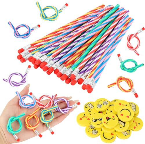 AOBOPLE 48 Stück Biegebleistifte mit Radiergummi Set, 24 Stück Bunt biegsame Bleistifte und 24 Stück Radiergummis,Gastgeschenk Zauberstift für Kinder,Party und Weihnachten Geschenk