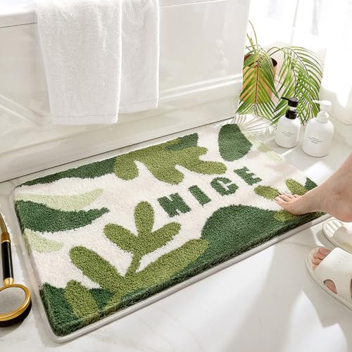 Tapis de Bain Antidérapant, Tapis Salle de Bain Moelleux en Microfibre, Tapis de Douche Absorbant Lavable en Machine pour Salle de Bain, Cuisine, Chambre, Porte (Feuille Verte, 50x80cm)