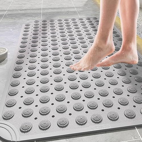 CXAFQ 60 * 90 CM/23.62 * 35.43 in avec Fonction De Massage Tapis Antidérapant Gris pour Salle De Bains, Tapis De Douche Lavable en Machine pour Enfants, Tapis De Bain Antidérapant à Ventouse
