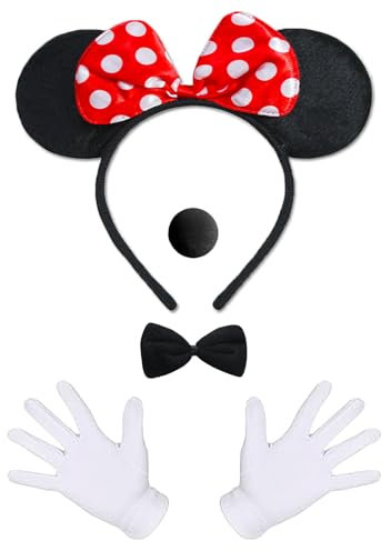 BOOSHMall Damen Maus Mouse Kostüm, Karneval Kostüm Damen, Schleife Haarreifen mit Maus Ohren + Handschuhe + Nase+ Fliege, für Karneval Motto Cosplay Fasching Halloween Party
