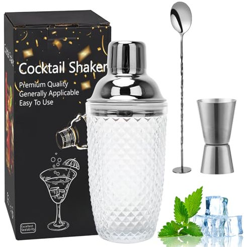 Gohytal Shaker à cocktail en verre transparent doré 385 ml avec verre doseur anti-fuite en acier inoxydable