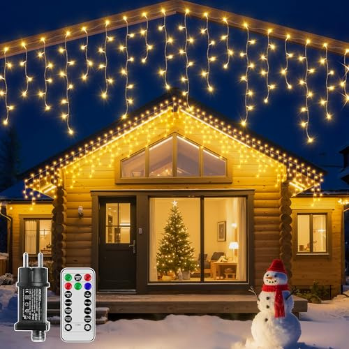 Hopexy Eisregen Lichterkette Außen 15m 600LEDs Warmweiß mit Stecker & Timer | IP44 wasserdicht mit 8 Modi. Weihnachtsbeleuchtung für Balkon, Vorbau, Geländer, Haus, Traufe, Innen & Außen