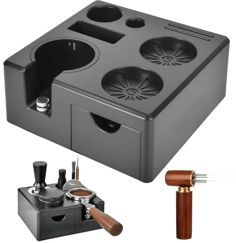 Turmegtt Espresso Tamping Station with Universal 58/54/51mm Tamper | with 6-Needle Coffee Stirrer Coffee Tamper Slot ＆ Drawer, Coffee Portafilters Stand Base for Espresso Tamper Accessories Set