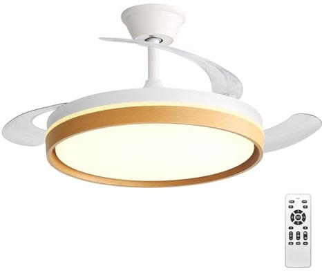 Ventilador de Techo con Luz LED 60W, con Mando a Distancia, Ø42in, 6 velocidades, temporizador, aspas retráctiles, 3 temperaturas de luz, función verano-invierno, 5600LM，Marco de efecto madera，Blanco
