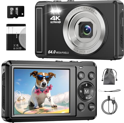 4K 64MP Digitalkamera mit Mikro-SD-Karte, Autofokus Fotoapparat mit 16X Digitalzoom Tragbar Kompaktkamera mit 1200mAh Batterie, USB-Kabel, für Teenager Erwachsene Anfänger