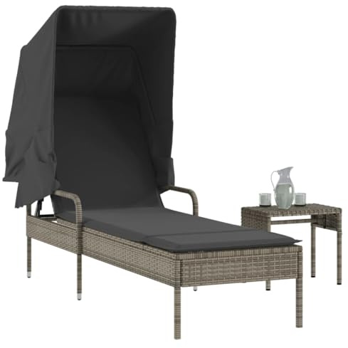 Keeushr Sonnenliege mit Dach und Tisch Grau Poly Rattan, 4-Fach verstellbare Rückenlehne und ausziehbares Sonnendach, inklusive praktischem Teetisch,