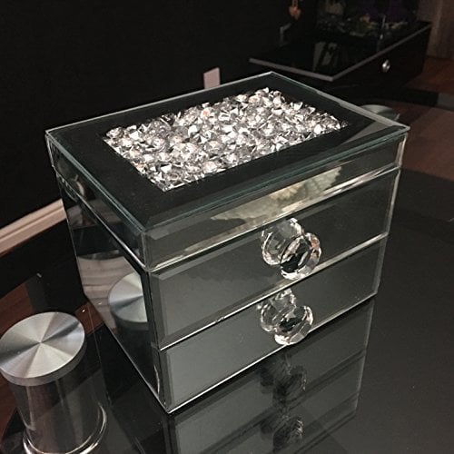 DEENZ Large Mirrored Silver Glass Crystal Jewellery Box