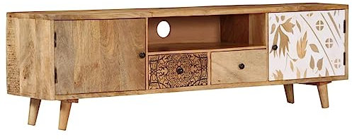 vidaXL Mangoholz Massiv TV Schrank mit 2 Schubladen 1 Fach 2 Türen TV Board Möbel Lowboard Fernsehschrank Fernsehtisch Sideboard 140x30x40cm