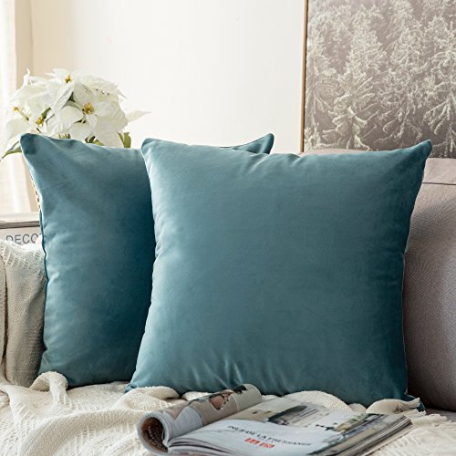 MIULEE 2er Set Samt Kissenbezüge Kissenhülle Kissenbezug Sofakissen Dekorative Dekokissen Couchkissen Zierkissen mit Verstecktem Reißverschluss für Sofa Schlafzimmer 60x60 cm Blaugrün