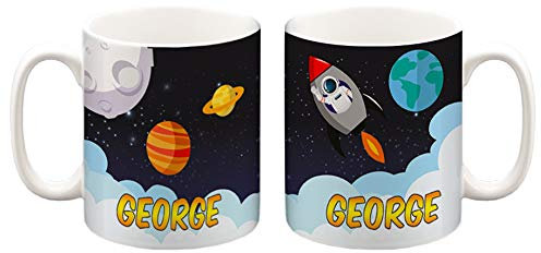 MakeThisMine Personalised Children's Mug Space Planets Astronaut Design Name Printed Kids Drinks Juice Ceramic Cup Girls Boys Cute Colourful Gift 10oz