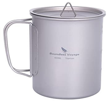 Boundless Voyage Outdoor 750ml 800ml 1100ml 1300ml Titanium Pot with Lid Folding Bail Handle Camping Hiking Picnic Ultralight Portable Water Bottle Cup Mug Spork Set (600ml)