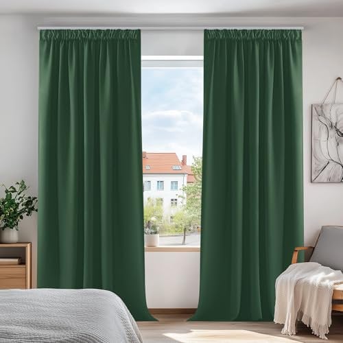 Deconovo Vorhänge Verdunkelungsvorhänge Thermovorhänge mit Kräuselband Gardinen Gardinen Fensterdeko, 175x140 cm(HöhexBreite), Waldgrün, 2er Set