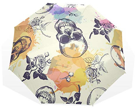 Rootti Regenschirm mit Totenkopf-Motiv, 3 Falten, leicht, mit einem Knopf, automatisches Öffnen und Schließen, winddicht, für Kinder, Damen und Herren