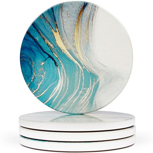 Naivasha Homeware Marble Coasters Set of 4 - Stunning Decorative Coasters in GLOSS Finish, Elegant Stone Coasters with Cork Bottom - Aqua