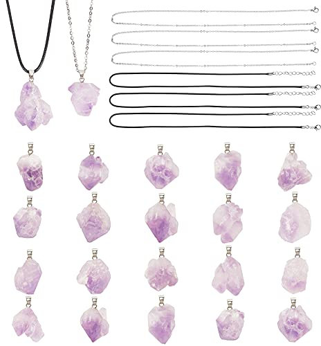 SUNNYCLUE 20Pcs Natural Amethyst Stone Necklace Irregular Rock Pendants Healing Crystal Gemstone Charms with 2 Styles 20Pcs Waxed Cotton Cord Necklace,Stainless Steel Necklaces for Necklace Making