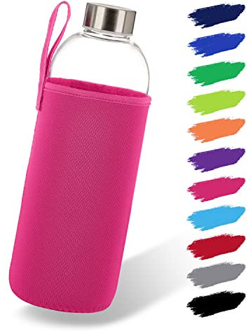 NOMA Glasflasche 1 Liter mit Neoprenhülle | Trinkflasche aus Glas in 500ml, 600ml & 1000ml mit Schutzhülle und Edelstahldeckel | Wasserflasche für Sport, Büro, Schule & Outdoor | Pink