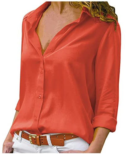 Chemisiers à Poitrine Unique pour Femmes Revers Couleur Unie Hauts à Manches Longues Tempérament Désinvolte Chemises en Mousseline Orange