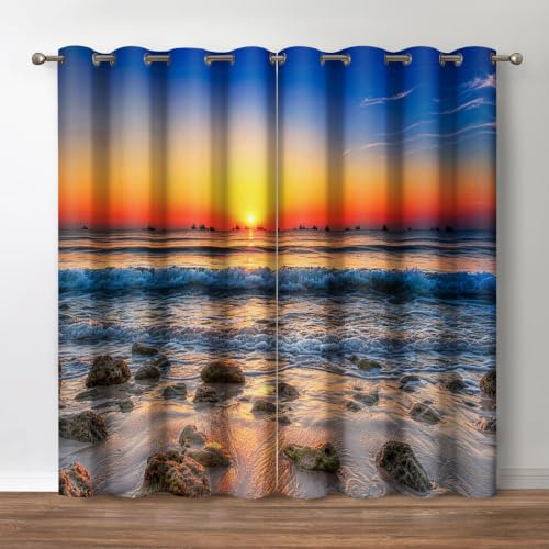 Jekeno Strand-Verdunkelungsvorhänge – Meeres, Strandsteine, Ozeanwellen bei Dämmerung, Küste, Sonnenuntergang, Druck, blockierende Vorhänge, Dekoration, Zuhause, 2-teiliges Set, 132.1x2x2 cm