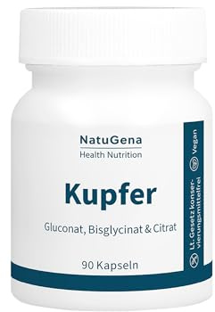 NatuGena Kupfer – Gluconat, Bisglycinat & Citrat | 90 Kapseln | 90 Tage | Hochdosierte Kombination aus 3 Kupferverbindungen Gluconat, Bisglycinat & Citrat, MCT-Pulver für optimale Bioverfügbarkeit