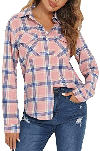 Yukiuiny Chemisier Carreaux 100% Coton Femme Chemise Bucheron Western T Shirt Casual Décontractée Classique Retro Ecossaise Flanelle Blouse Gilet Vintage Rose Bleu S