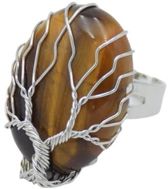 Bague Argent Femme Reglable,Réglable Simple Argent Arbre De Vie Bague Oeil De Tigre Pierre Réglable Open Crystal Ring Chic Eternity Ring Energy 7 Chakras Proposition Ring Charm Jewelry for Men WOM