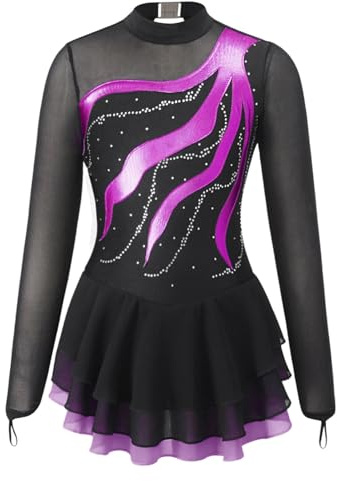 dPois Abito da Pattinaggio Artistico Bambina Paillettes Glitter Leotards Vestito Danza Classica Body da Ballo Manica Lunga Latino Jazz Samba Rumba Balletto Danza Moderna