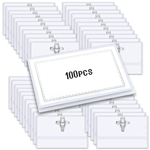 Porte Badge Plastique Horizontal à Pince,porte-badges horizontaux en plastique transparent,avec pince crocodile et épingle de sûreté,90 mm x 56 mm (100)