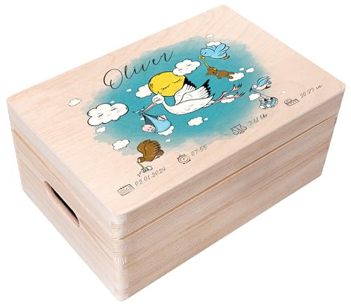 Creative Deco Erinnerungsbox Baby Personalisiert mit Namen - Storch Blau | Individuelle Erinnerungskiste Geschenk zur Geburt für Mädchen und Jungen | Holzkiste mit Deckel Zeitkapsel | Farbdruck