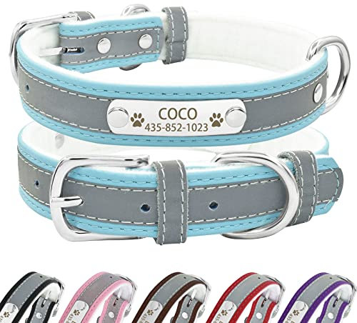 Senristar Personalisierte Reflektierende Leder Hundehalsband mit Warmem Futter, Individuelle Hundehalsband mit Namensschild Eingraviert für Kleine Mittlere und Große Hunde und Katzen