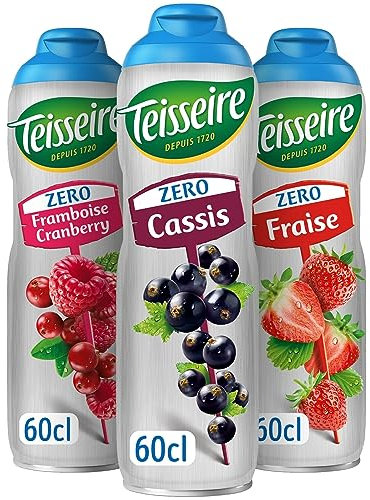 Lot de 3 sirops Teisseire Zéro Sucres (Cassis, Framboise-Cranberry, Fraise) pour Boisson Rafraîchissante, Cocktails, Bidon Recyclable 3x60cl