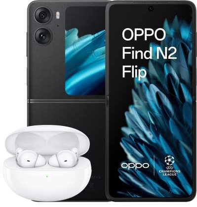 Oppo Find N2 Flip + Enco Free2, telefono cellulare pieghevole, 8 GB+256 GB, 5 G, fotocamera 50 + 8 MP, schermo esterno gigante, batteria 4300 mAh, ricarica rapida SuperVOOC 44 W, Dual Nano SIM - Nero