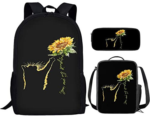 HELLHERO Sunflower Cat School Bag Set for Girls for Kids School Backpack 3pcs Sets with Lunch Box and Pencil Bag Primary Preschool Kindergarten Elementary Bookbag Lightweight Hiking Rucksack Daypack