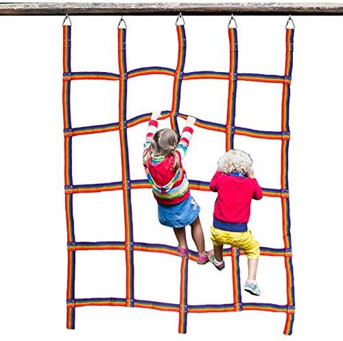 LINGJIONG Kletter-Frachtnetz für Kinder, regenbogenfarbenes Kletternetz, Polyester-Seilleiter für Dschungel-Fitnessstudios, Spielplatz, Bandnetz, Hindernislauf, Trainingsnetz (144,8 x 184,9 cm)