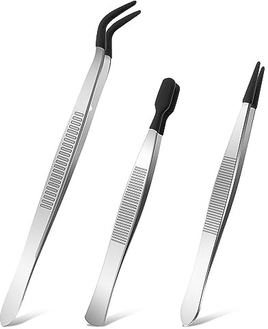 WLLHYF Lot de 3 pinces à épiler avec pointes en caoutchouc avec revêtement en silicone noir Pince à épiler plate courbée pour la fabrication de bijoux outils de cils applicateur autocollant industriel