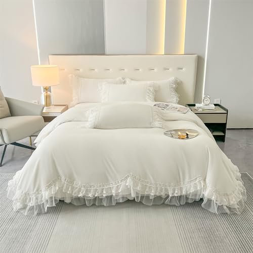 MOOWOO Chic Rüschen-Spitzen-Bettwäsche-Set aus Polyester, 3-teilig, Bettbezug mit Reißverschluss, ultraweich und leicht, Weiß, voll