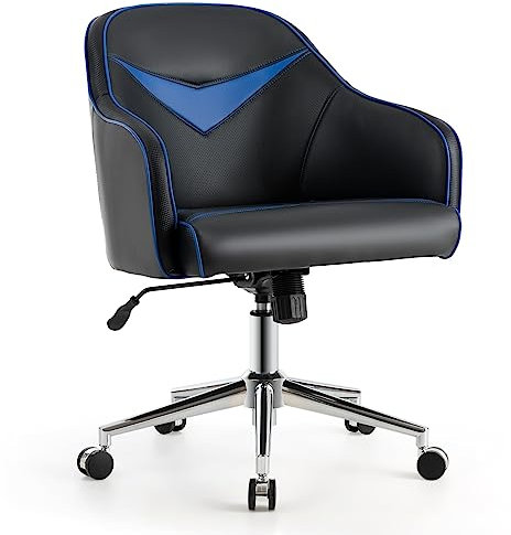 COSTWAY Home Office Chair, Height Adjustable Swivel Computer Desk Chair Racing Gaming Armchair with Rocking Function, Ergonomic Leather Mid-Back Rolling Accent Task Chair (Blue)