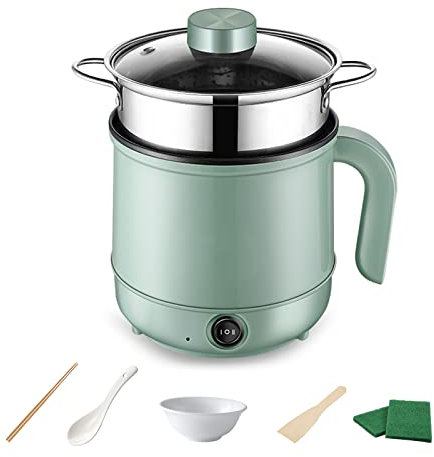 MENAYODA Hot Pot, mini pentola elettrica da 1,7 l, con vapore, portatile, multifunzione, antiaderente, per Stir Fry, bistecca, pasta, ramen, dormitorio (verde con vapore)