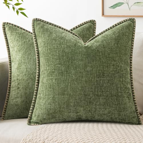 MIULEE Pack of 2 Couch Throw Pillow Covers 18x18 Inch Sage Green Farmhouse Decorative Pillow Covers with Stitched Edge Soft Chenille Solid Dyed Summer Pillow Covers for Sofa Bed Living Room