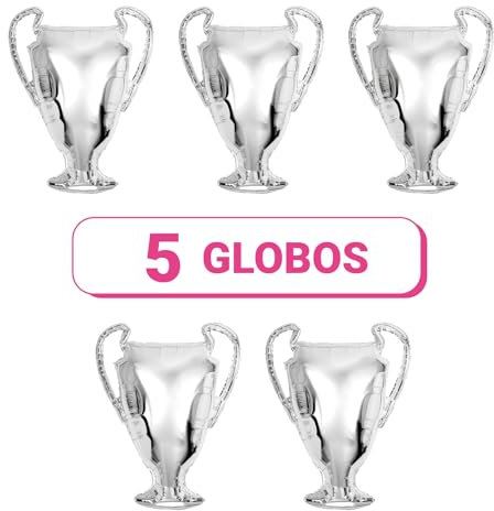 OH YEAH - 5 Globos Fútbol - Globo Champions 2024 - Decoración Globos Cumpleaños Fútbol - Globos para Futbol - Globos Mundo Deportivo - Decoración Fútbol - Globo Foil Copa Plata - APTO HELIO