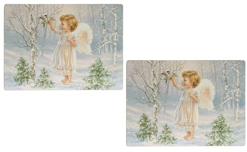 Wohnando Kork-Platzmatten Weihnachten 2er Set – Tischset mit Engel-Motiv | Rutschfest & pflegeleicht – Kork Tischmatten mit Engelsmotiv, Meise & Winterwald – ideal als Geschenk