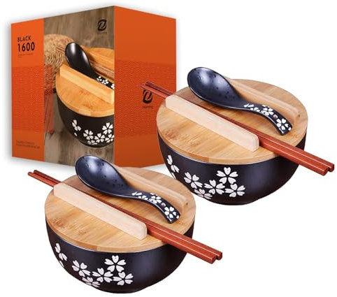 zaqiming Ciotole per Ramen 1000ML Ciotola da zuppa giapponese in ceramica per microonde, Cucchiaio e Bacchette Abbinati, per Macedonia, Verdure, Pasta (2 set)