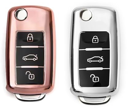 2 Stück Autoschlüssel Hülle, Schlüsselbox ,Autoschlüssel Schutzhülle kompatibel mit VW Polo, Passat, Skoda 3-Tasten Schlüsselhülle (Silber+Roségold)