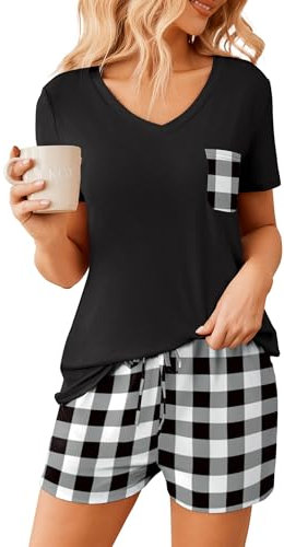 Ekouaer Pyjama à Manches Courtes pour Femme Pyjama Deux pièces vêtements de Nuit Ensemble de Loisirs à Manches Longues, Carreaux Noirs, XL