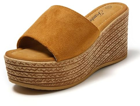 JOMIX Ciabatte Donna Estive Zeppa Pantofole Elegante a Fascia Sandali Comodi da Estate Casa Mare Spiaggia SD9098 Marrone, 39