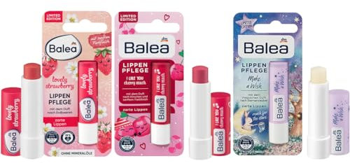 Balea 3er-Set Lippenpflege: Pflegestift LOVELY STRAWBERRY mit Sheabutter (4,8 g) + Pflegestift I LIKE YOU CHERRY MUCH mit Kirsch-Duft (4,8 g) + Pflegestift MAKE A WISH mit Bienenwachs (4,8 g), 14,4 g