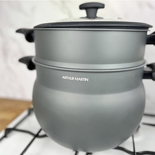 AM2215 : Couscoussier Arthur Martin en Aluminium 10L Revêtement Anti Adhérent - 26cm - Tous Feux dont Induction avec Bouchon Évaporateur - Couleur Gris Mat