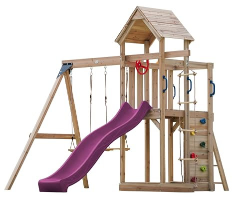 AXI Moos Spielturm aus Holz mit 2 Schaukeln & Strickleiter | XXL Spielhaus/Spielplatz für Kinder mit Kletterwand, Sandkasten & Rutsche in Lila | Schaukelgerüst für den Garten..