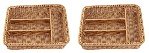 Beelooom 2X Rattan Cutlery Basket Cutlery Basket Storage Cutlery Chopstick Basket Rattan Desktop Drawer