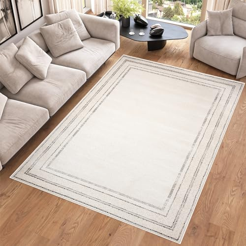 TAPISO Hera Teppich Kurzflor Beige Creme Grau Weiß Glänzend Modern Linien Elegant Glanzfasern Glanzeffekt Wohnzimmer Schlafzimmer ÖKO-TEX 200 x 300 cm